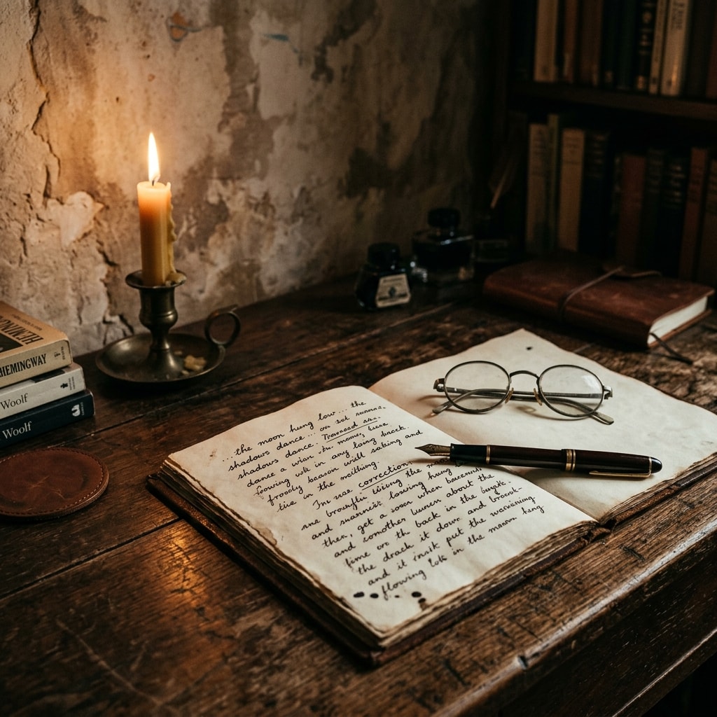 Cinematic vintage writer desk workspace