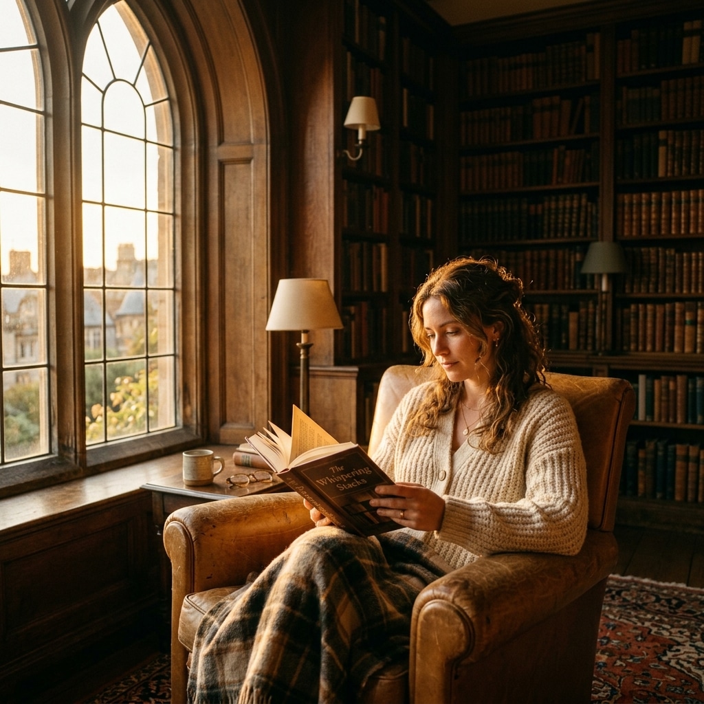 Warm cinematic library sunlight and cozy reading space